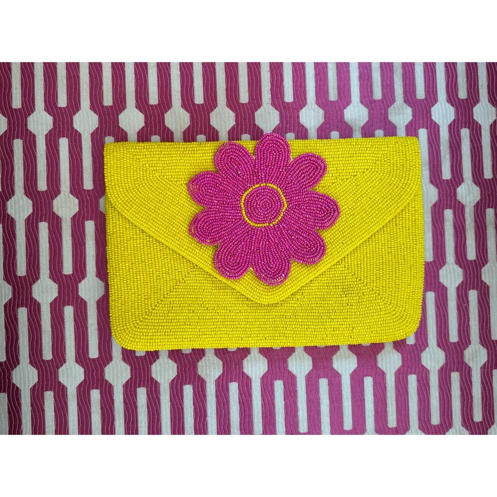 Yellow Pink Beaded Flower Clutch Crossbody Bag Spring Wedding